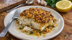 Bacalhau assado com crosta de broa: simples, suculento e com gratinado bem dourado