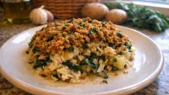 Roupa Velha de bacalhau no forno, com crosta de broa e coentros