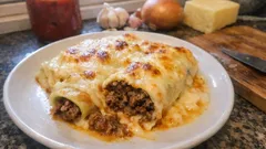 Canelones de carne no forno com bechamel cremoso — gratinado dourado e suculento