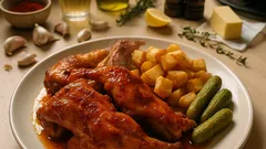 Coelho frito à portuguesa: dourado na frigideira e acabado no forno com vinho branco