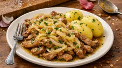 Iscas com elas à portuguesa: marinada com alho e louro e cebolada bem macia