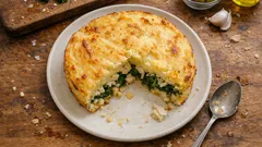 Empadão de bacalhau com grelos: puré cremoso e topo bem dourado no forno