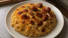Arroz de frango e alheira no forno: fica soltinho, húmido e bem dourado