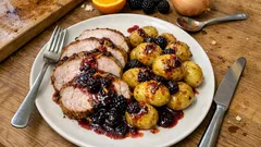 Roti de Natal no forno: lombo de porco suculento com batatas e molho de amoras