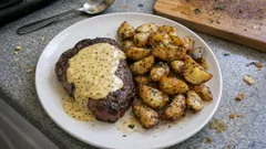 Bife com molho de mostarda e batata campestre: jantar simples com sabor de restaurante