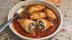 Lulas recheadas no tacho com molho de tomate bem apurado (sem ficarem rijas)