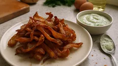 Cascas de batata fritas crocantes com maionese de salsa — petisco de aproveitamento