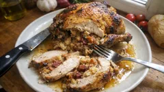 Pintada recheada no forno: pele dourada e molho feito com os sucos do tabuleiro