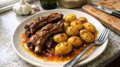 Costela de vitela no forno com vinho branco e batatinhas bem douradas