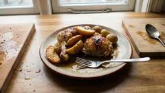 Frango assado com maçã e vinho branco — suculento, com batatinhas no tabuleiro