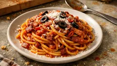 Esparguete à Amatriciana com bacon: pronto em 30 minutos e com molho bem apurado