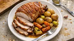 Pernil assado no forno com vinho branco: pele dourada e legumes no mesmo tabuleiro