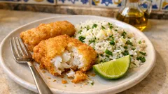 Filetes de pescada panados com arroz de coentros — crocantes, leves e bem aromáticos