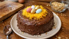 Ninho da Páscoa: bolo de amêndoa húmido com creme de chocolate e fios de ovos