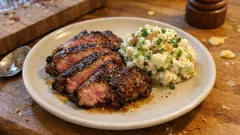 Plumas de porco preto bem douradas com salada de batata à Dijon (simples e especial)