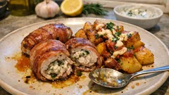 Paupiettes de peru no forno com batatas bravas: simples e cheias de sabor