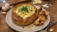 Pão saloio recheado com queijo gratinado e ervas — um petisco pronto em minutos